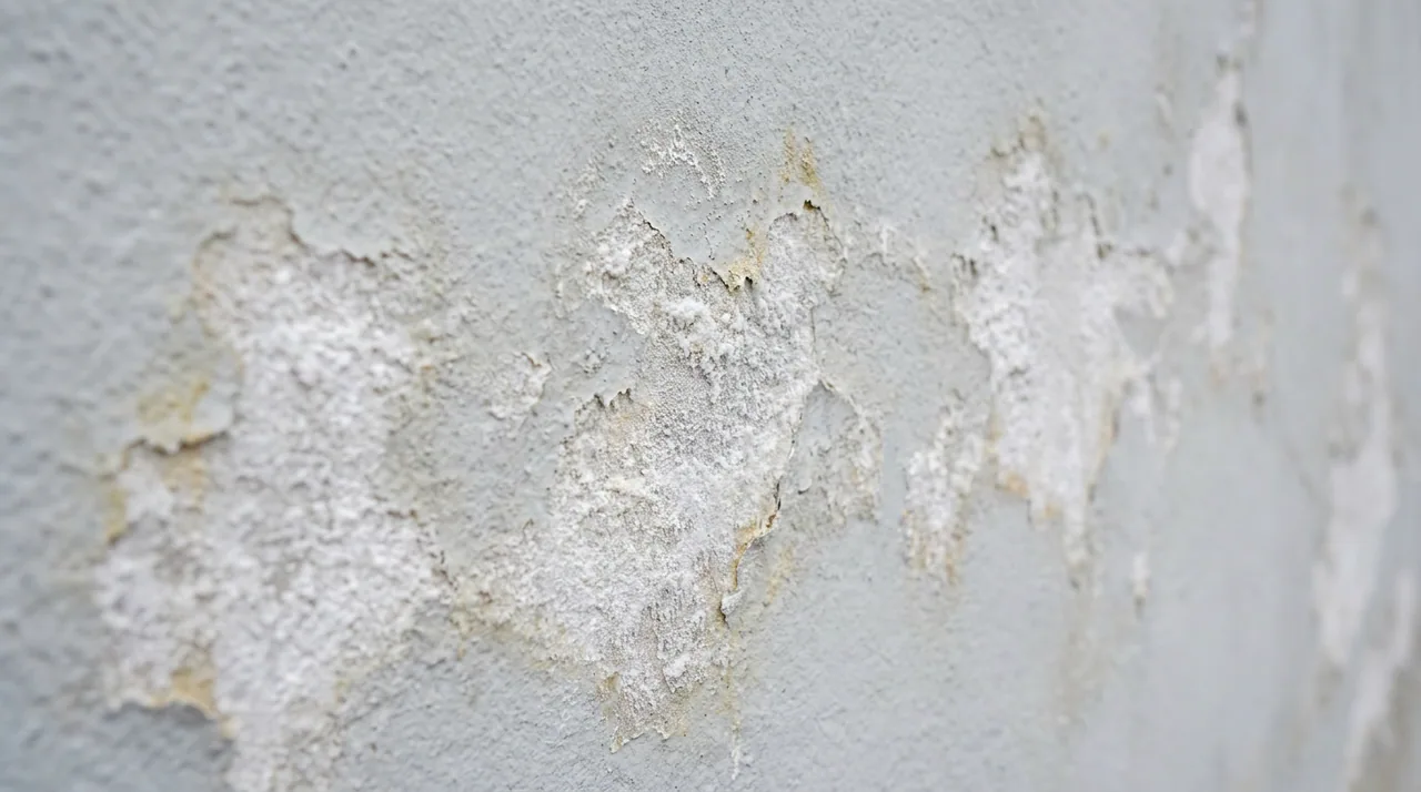 A white mineral bloom pushing through plaster cladding.