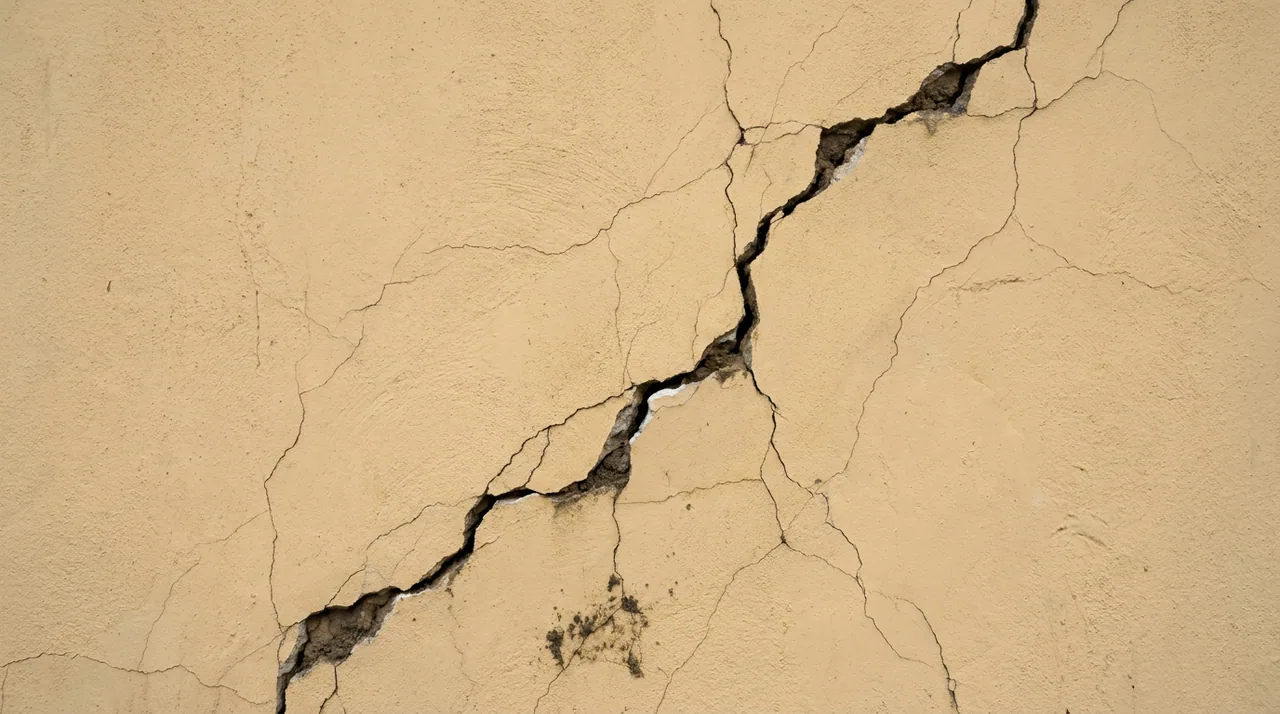 Cracking across a plaster-clad wall, often on the weather side.
