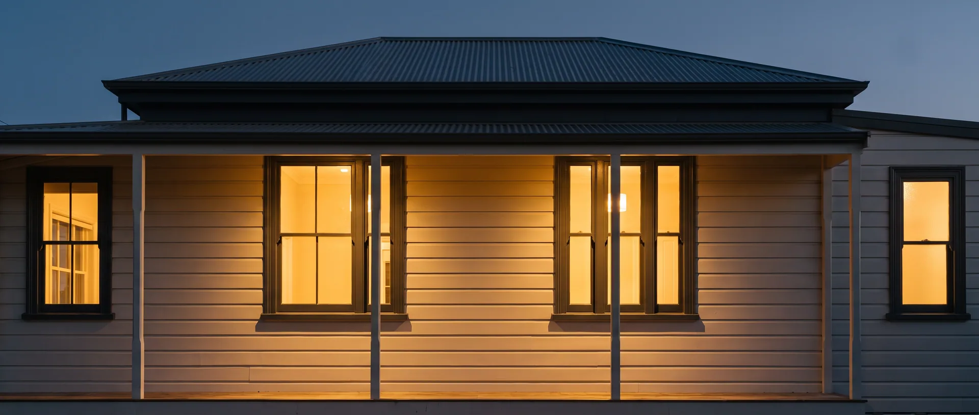 The same villa at dusk, lamplight in the windows, the crew gone